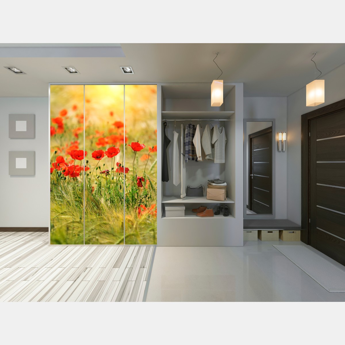 Naklejka na szafę łąka czerwonych maków w słońcu – Wallissimo® Naklejka na szafę łąka czerwonych maków w słońcu – Wallissimo®