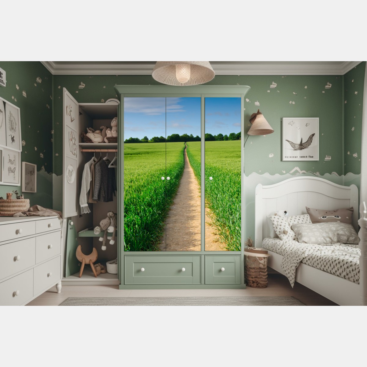 Naklejka na szafę słoneczna ścieżka przez zieloną łąkę – Wallissimo® Naklejka na szafę słoneczna ścieżka przez zieloną łąkę – Wallissimo®