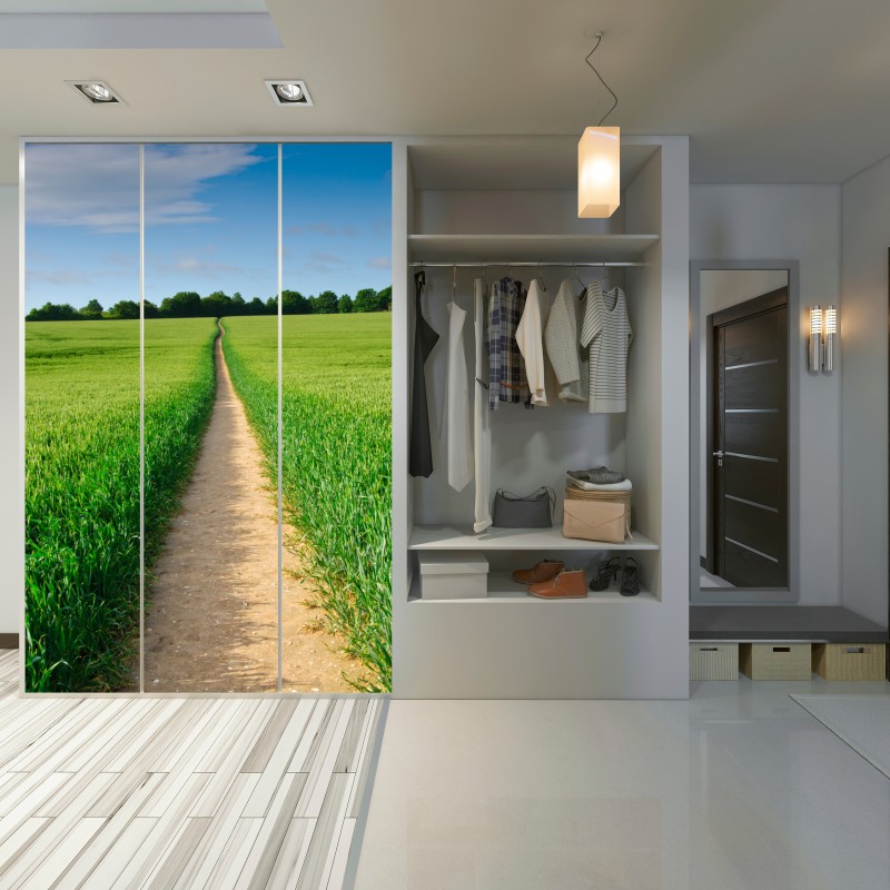 Naklejka na szafę słoneczna ścieżka przez zieloną łąkę – Wallissimo® Naklejka na szafę słoneczna ścieżka przez zieloną łąkę – Wallissimo®