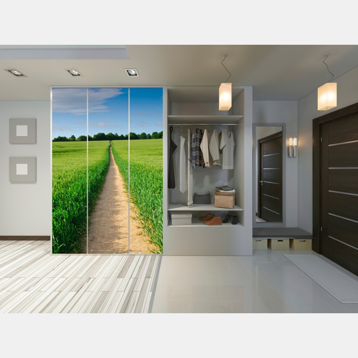 Naklejka na szafę słoneczna ścieżka przez zieloną łąkę – Wallissimo® Naklejka na szafę słoneczna ścieżka przez zieloną łąkę – Wallissimo®