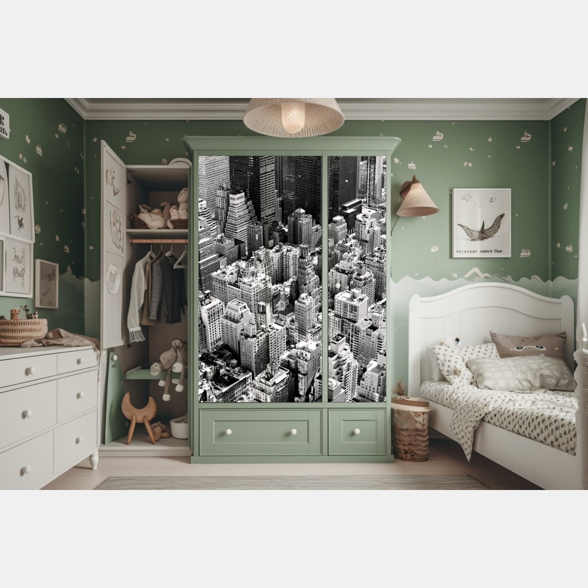 Naklejka na szafę Manhattan widok z lotu ptaka w monochromie – Wallissimo® Naklejka na szafę Manhattan widok z lotu ptaka w monochromie – Wallissimo®