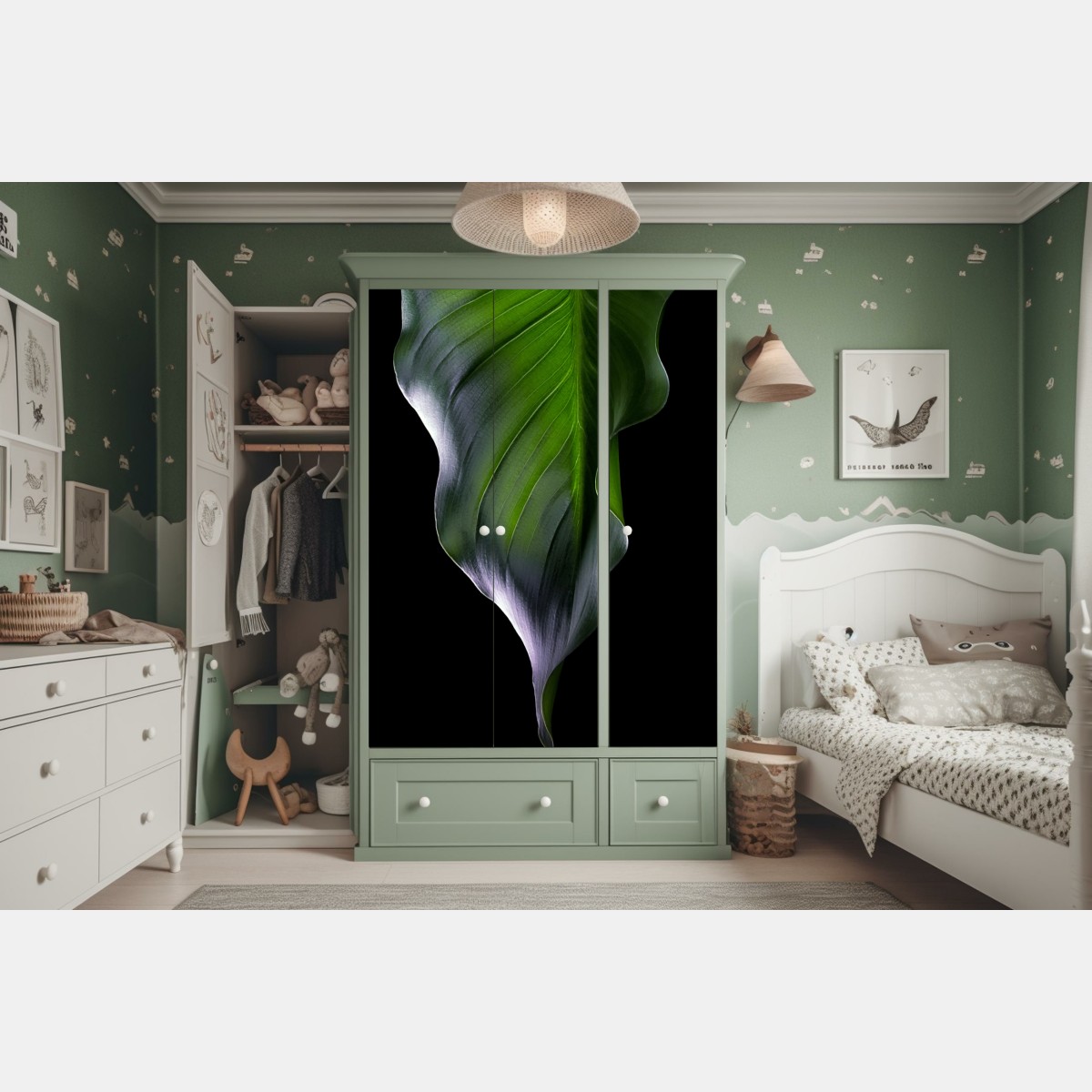 Naklejka na szafę elegancki zielony liść na czarnym tle – Wallissimo® Naklejka na szafę elegancki zielony liść na czarnym tle – Wallissimo®