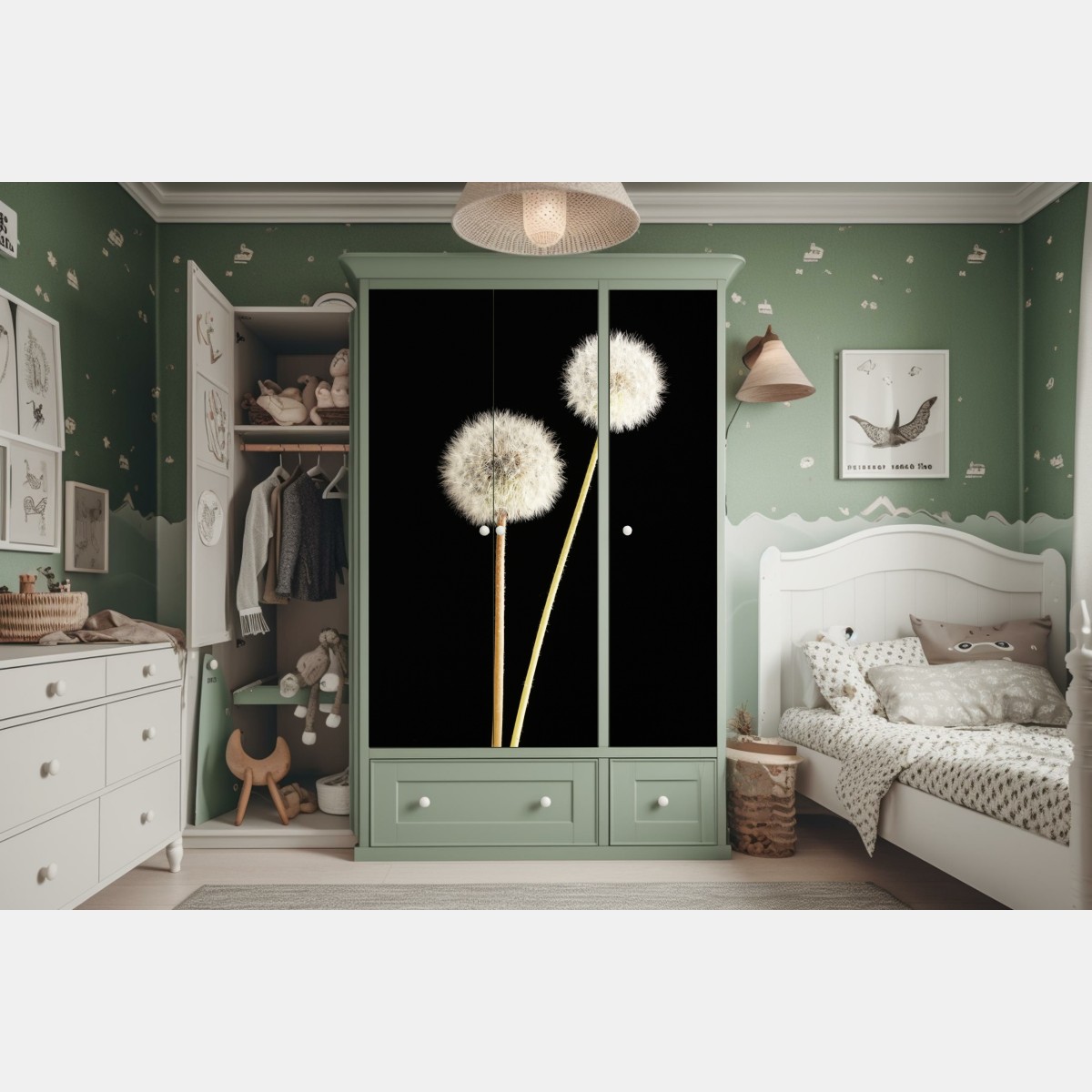 Naklejka na szafę delikatne dmuchawce na czarnym tle – Wallissimo® Naklejka na szafę delikatne dmuchawce na czarnym tle – Wallissimo®