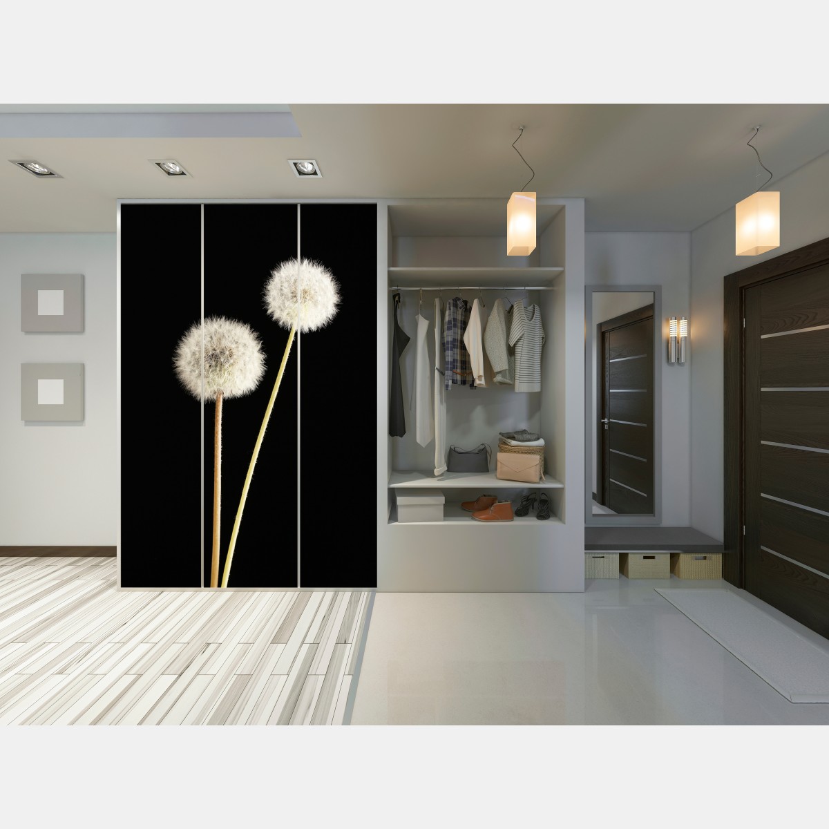 Naklejka na szafę delikatne dmuchawce na czarnym tle – Wallissimo® Naklejka na szafę delikatne dmuchawce na czarnym tle – Wallissimo®