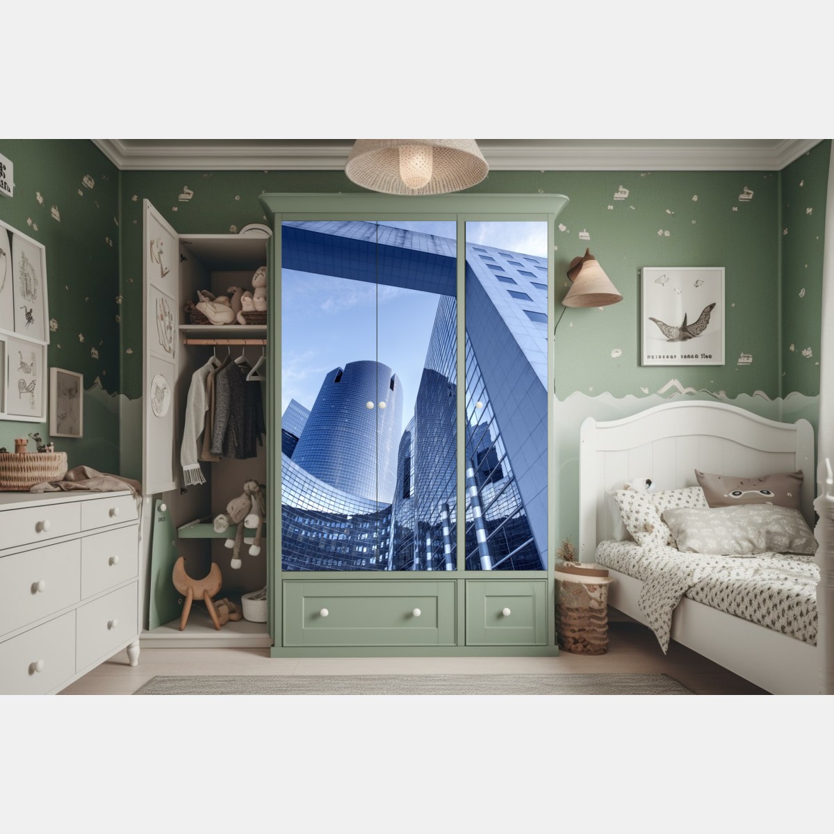 Naklejka na szafę nowoczesna niebieska panorama miejska – Wallissimo® Naklejka na szafę nowoczesna niebieska panorama miejska – Wallissimo®