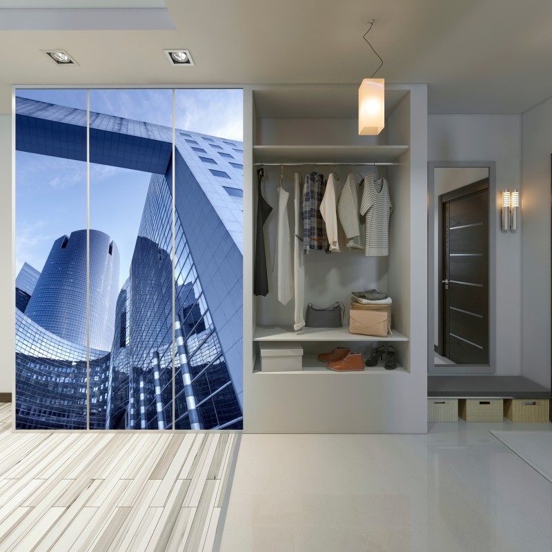 Naklejka na szafę nowoczesna niebieska panorama miejska – Wallissimo® Naklejka na szafę nowoczesna niebieska panorama miejska – Wallissimo®