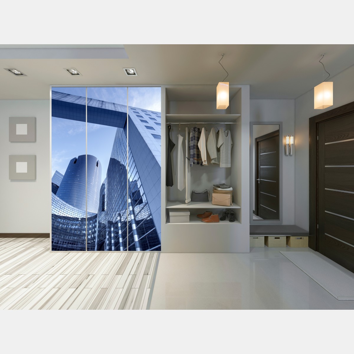 Naklejka na szafę nowoczesna niebieska panorama miejska – Wallissimo® Naklejka na szafę nowoczesna niebieska panorama miejska – Wallissimo®