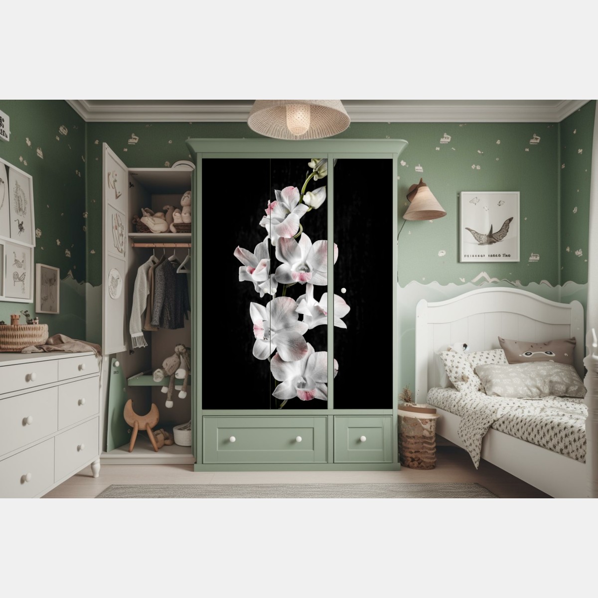 Naklejka na szafę biały i różowy storczyk na czarnym tle – Wallissimo® Naklejka na szafę biały i różowy storczyk na czarnym tle – Wallissimo®