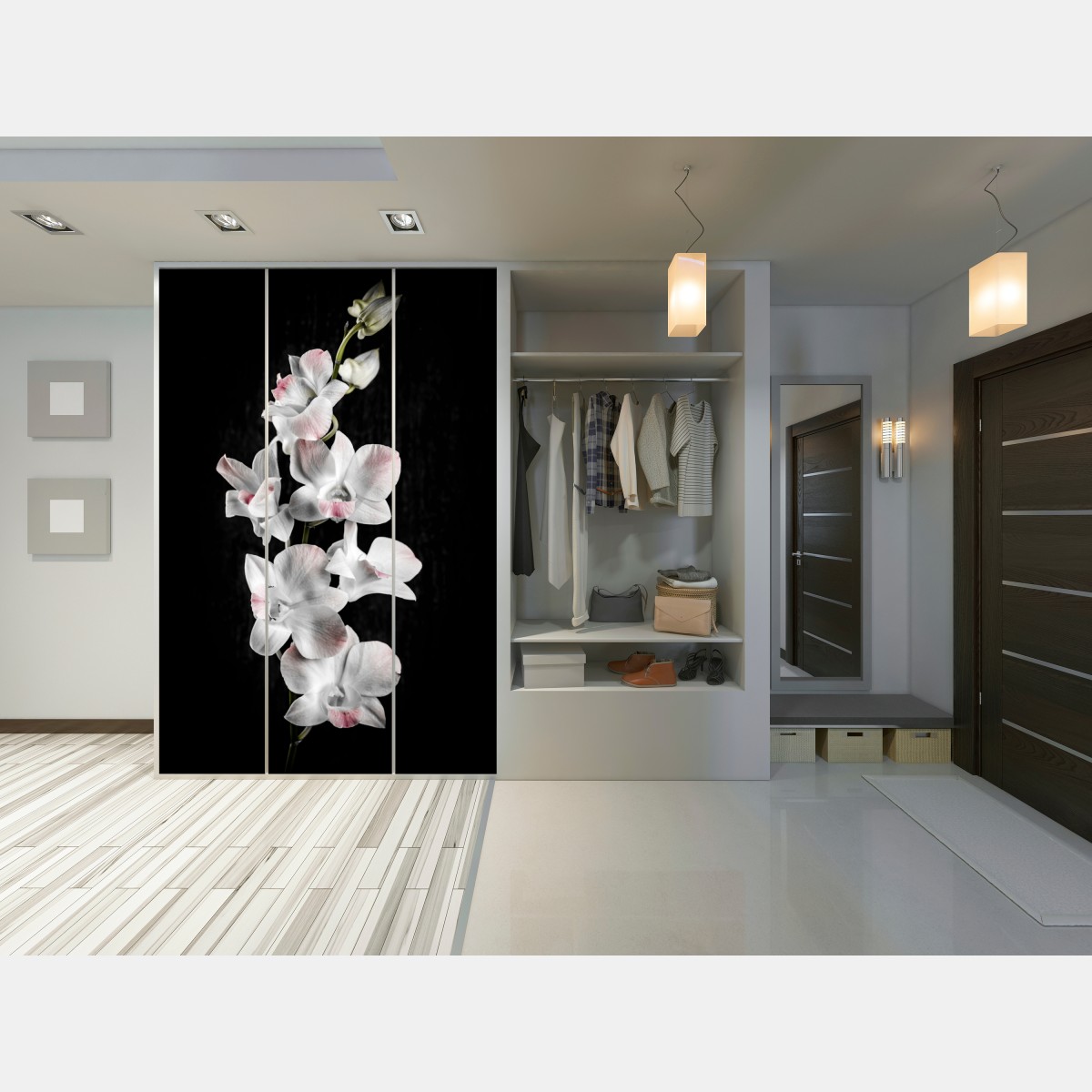 Naklejka na szafę biały i różowy storczyk na czarnym tle – Wallissimo® Naklejka na szafę biały i różowy storczyk na czarnym tle – Wallissimo®