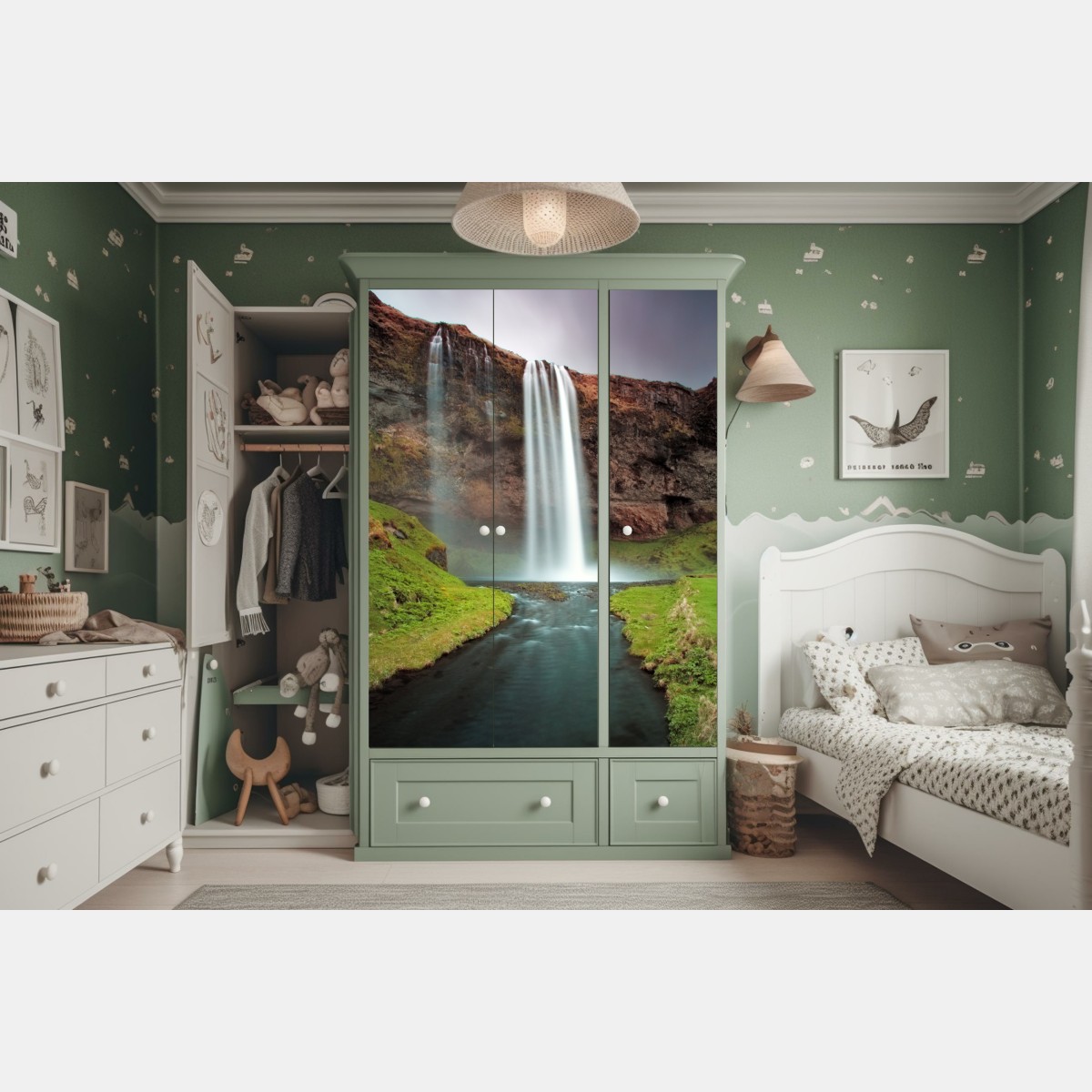 Naklejka na szafę mglisty wodospad w bujnej dolinie – Wallissimo® Naklejka na szafę mglisty wodospad w bujnej dolinie – Wallissimo®