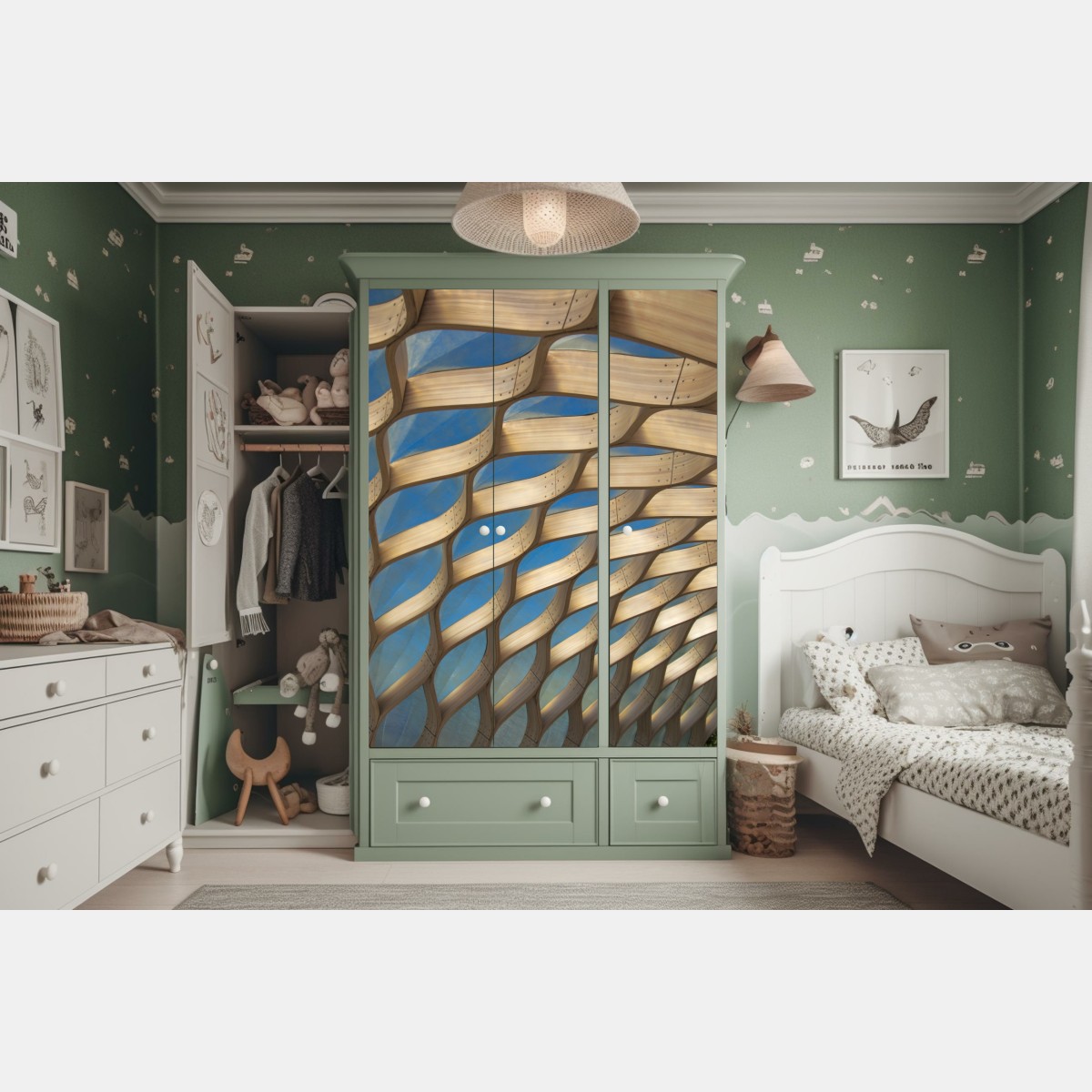 Naklejka na szafę drewniany ażurowy daszek w Chicago – Wallissimo® Naklejka na szafę drewniany ażurowy daszek w Chicago – Wallissimo®