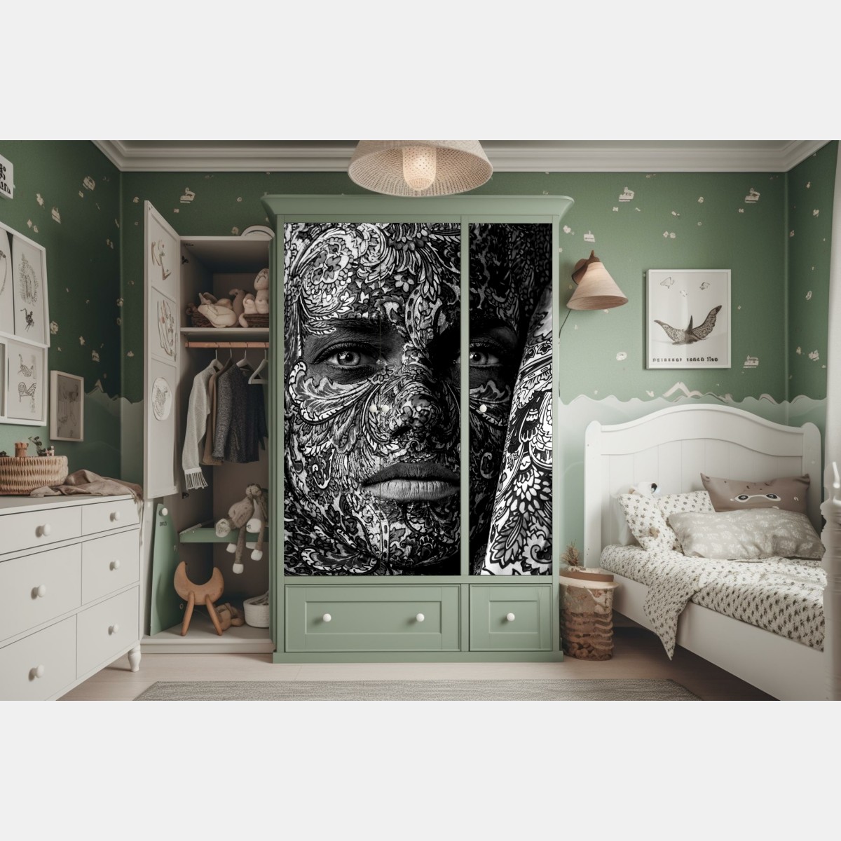 Naklejka na szafę ornamentalny portret z kwiatowymi wzorami – Wallissimo® Naklejka na szafę ornamentalny portret z kwiatowymi wzorami – Wallissimo®