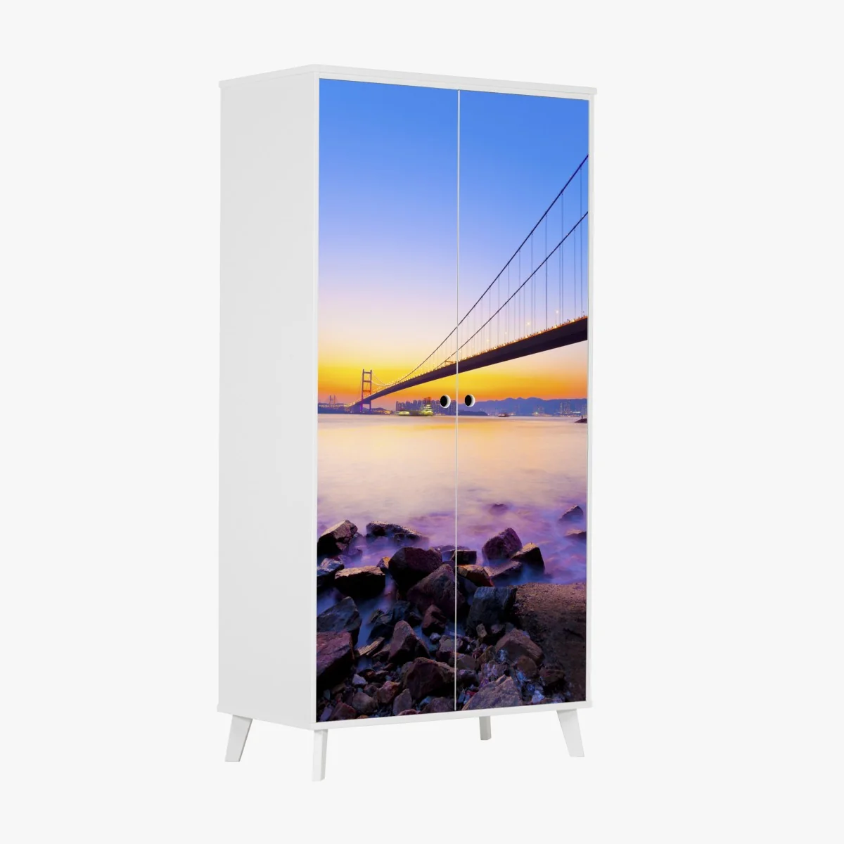 Naklejka na szafę złoty zachód słońca nad mostem wiszącym – Wallissimo® Naklejka na szafę złoty zachód słońca nad mostem wiszącym – Wallissimo®