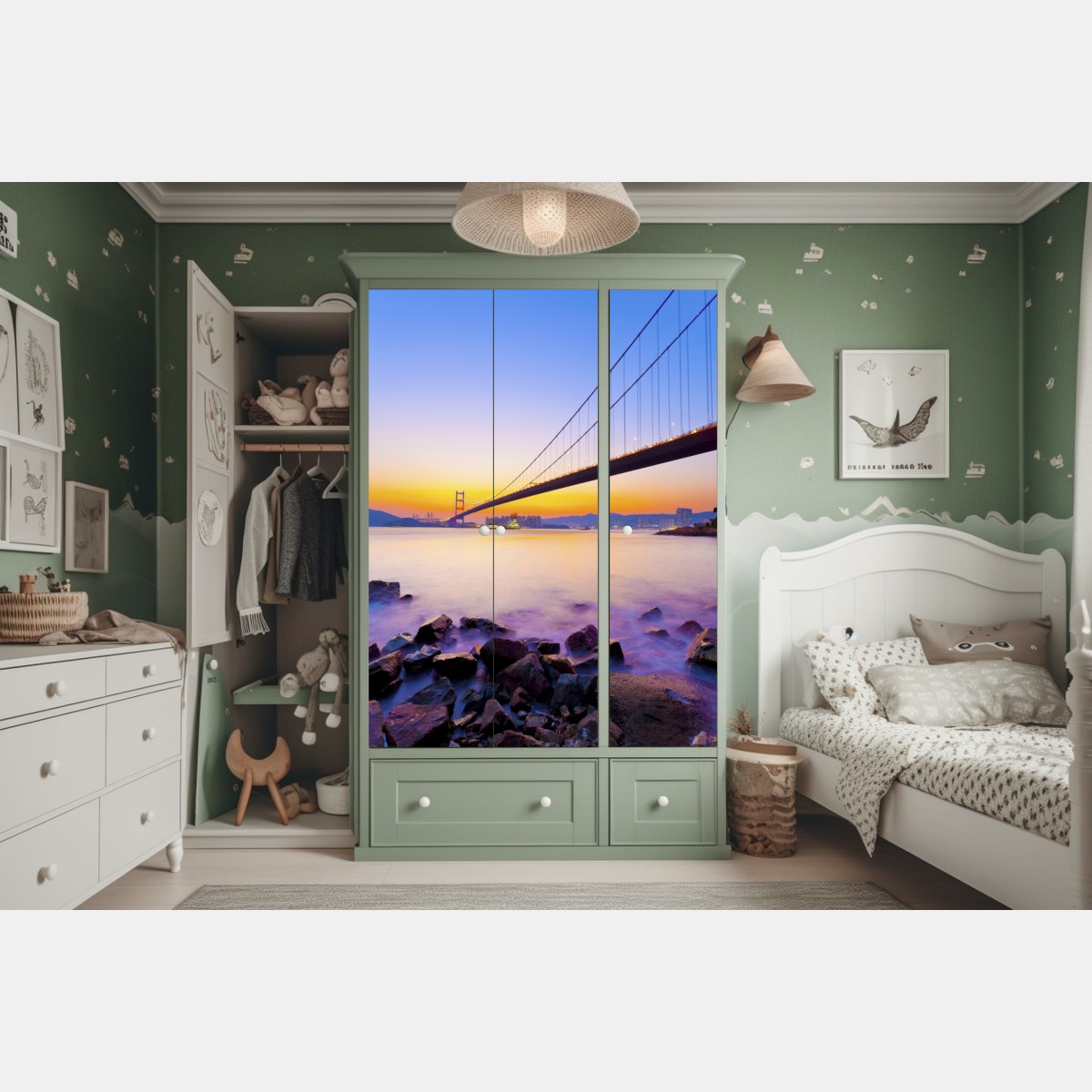 Naklejka na szafę złoty zachód słońca nad mostem wiszącym – Wallissimo® Naklejka na szafę złoty zachód słońca nad mostem wiszącym – Wallissimo®