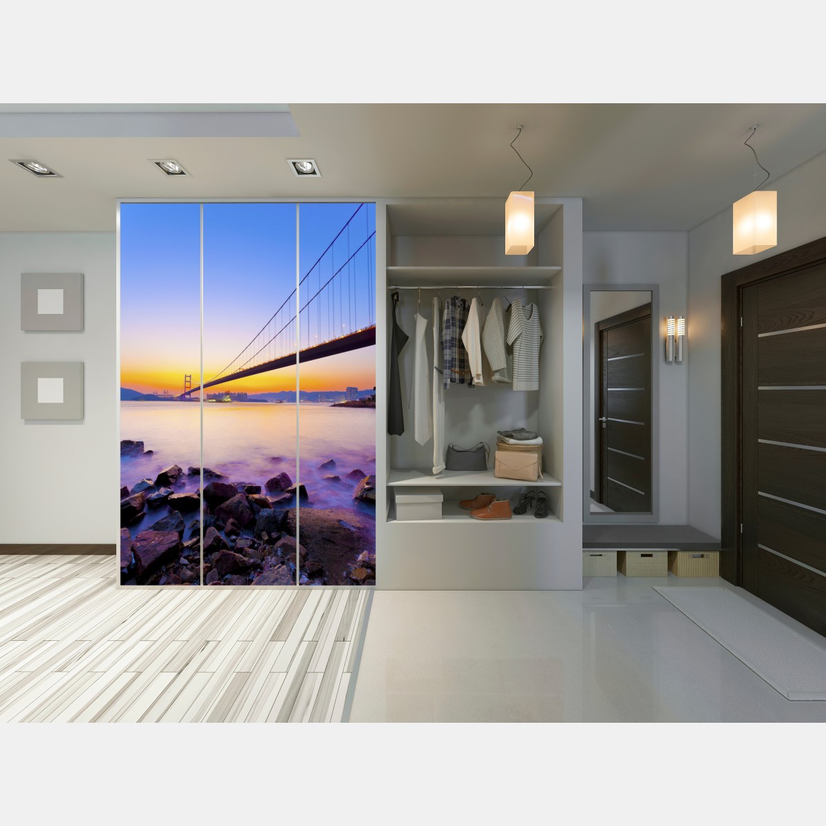 Naklejka na szafę złoty zachód słońca nad mostem wiszącym – Wallissimo® Naklejka na szafę złoty zachód słońca nad mostem wiszącym – Wallissimo®