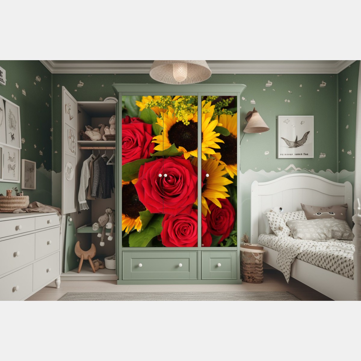 Naklejka na szafę czerwone róże i słoneczniki w bukiecie – Wallissimo® Naklejka na szafę czerwone róże i słoneczniki w bukiecie – Wallissimo®