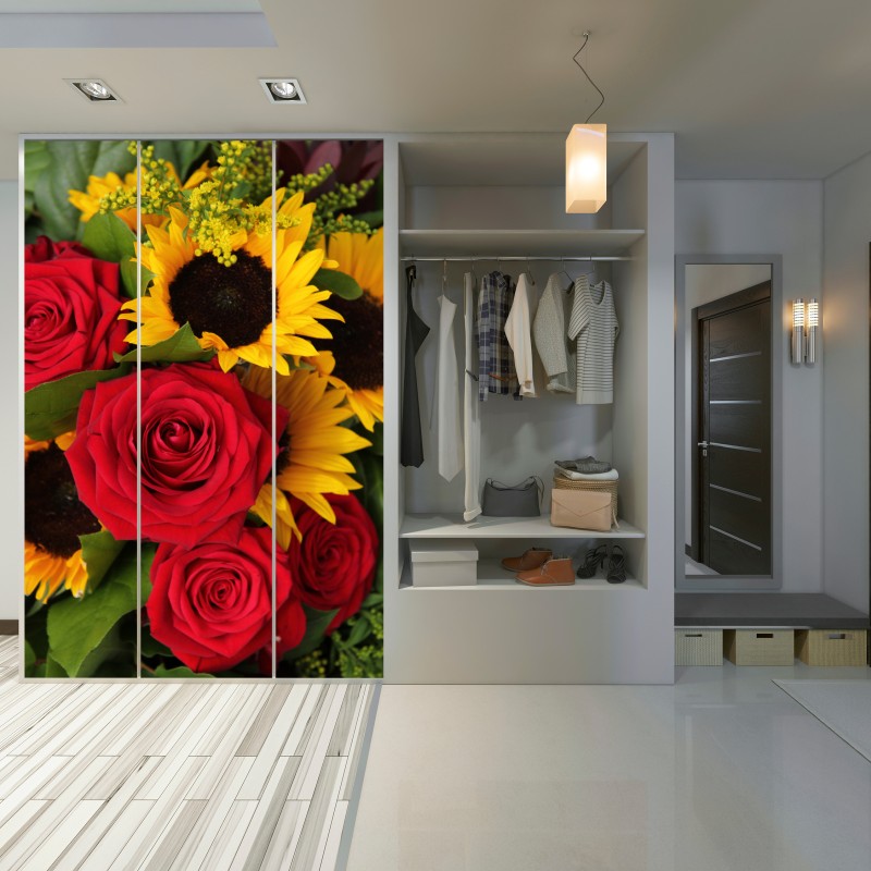 Naklejka na szafę czerwone róże i słoneczniki w bukiecie – Wallissimo® Naklejka na szafę czerwone róże i słoneczniki w bukiecie – Wallissimo®