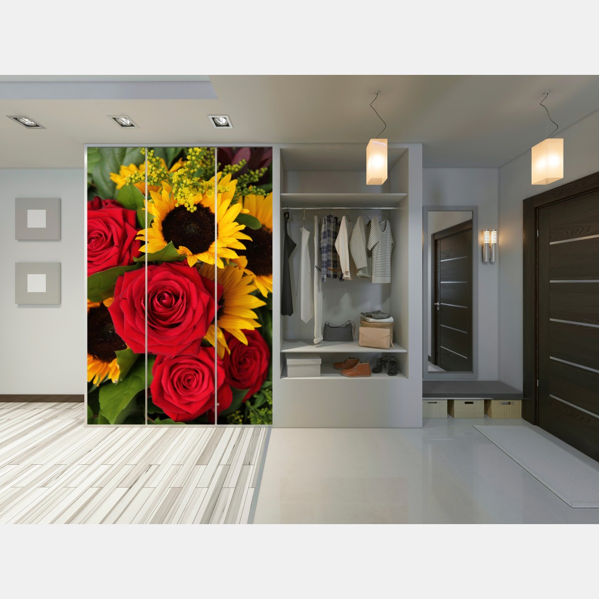 Naklejka na szafę czerwone róże i słoneczniki w bukiecie – Wallissimo® Naklejka na szafę czerwone róże i słoneczniki w bukiecie – Wallissimo®