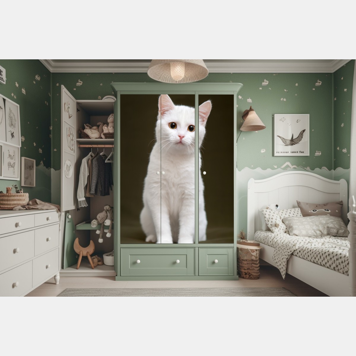 Naklejka na szafę uroczy portret białego kota – Wallissimo® Naklejka na szafę uroczy portret białego kota – Wallissimo®
