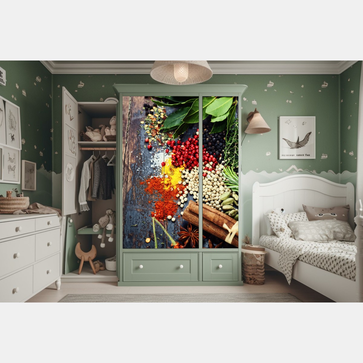 Naklejka na szafę intensywny zestaw przypraw na rustykalnym drewnie – Wallissimo® Naklejka na szafę intensywny zestaw przypraw na rustykalnym drewnie – Wallissimo®