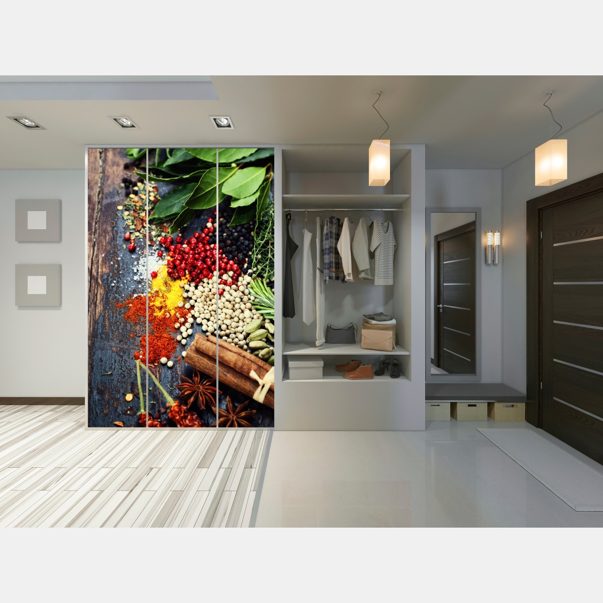 Naklejka na szafę intensywny zestaw przypraw na rustykalnym drewnie – Wallissimo® Naklejka na szafę intensywny zestaw przypraw na rustykalnym drewnie – Wallissimo®