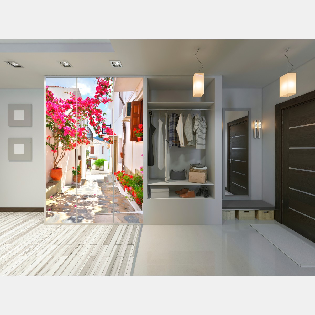 Naklejka na szafę słoneczny zaułek śródziemnomorski z bugenwillą – Wallissimo® Naklejka na szafę słoneczny zaułek śródziemnomorski z bugenwillą – Wallissimo®