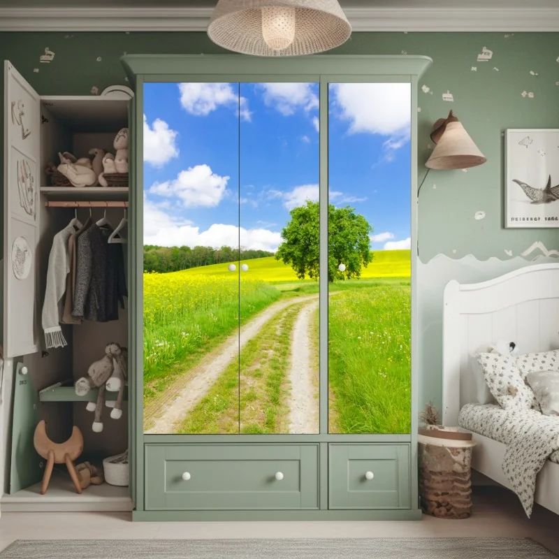 Naklejka na szafę słoneczna wiejska ścieżka z samotnym drzewem – Wallissimo® Naklejka na szafę słoneczna wiejska ścieżka z samotnym drzewem – Wallissimo®