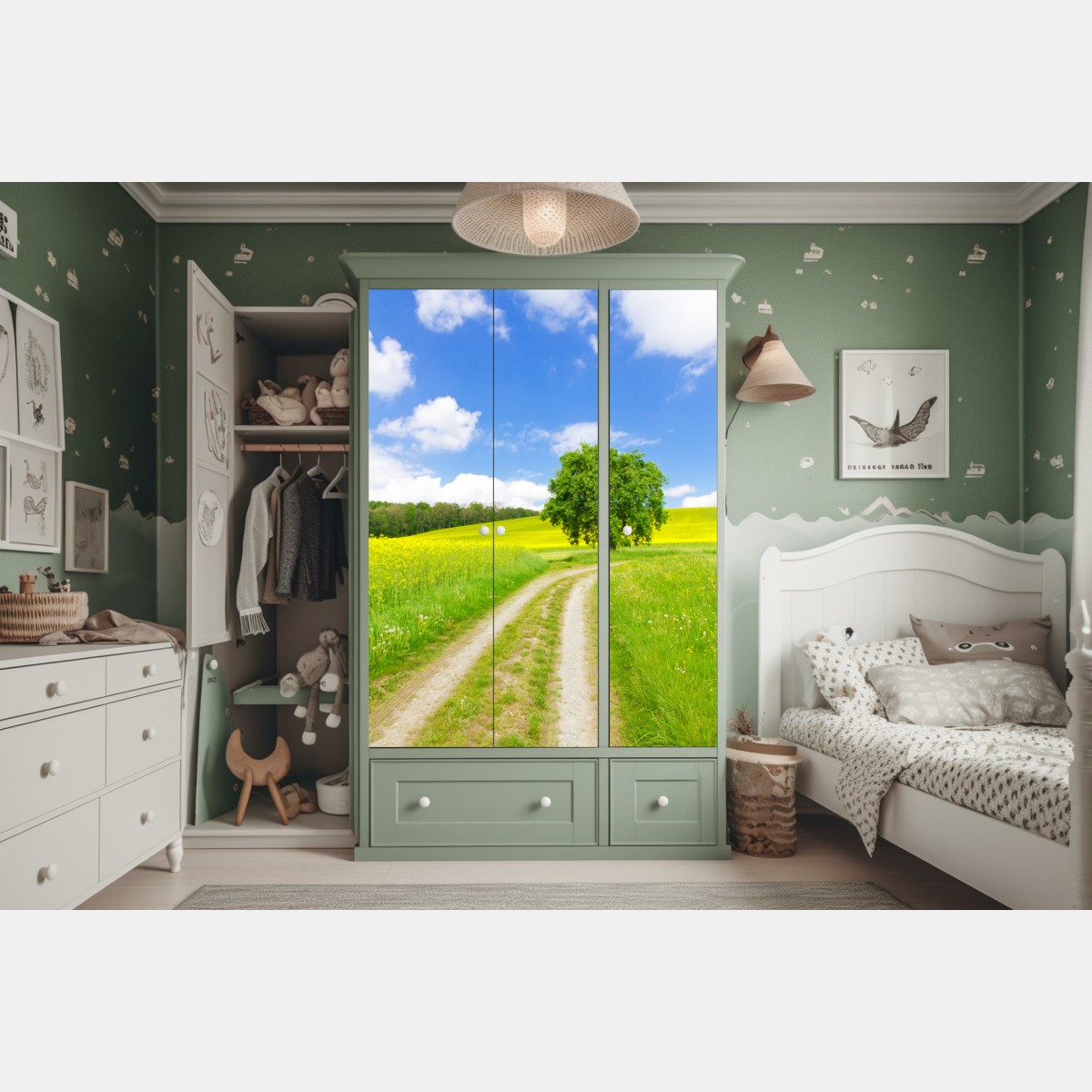 Naklejka na szafę słoneczna wiejska ścieżka z samotnym drzewem – Wallissimo® Naklejka na szafę słoneczna wiejska ścieżka z samotnym drzewem – Wallissimo®