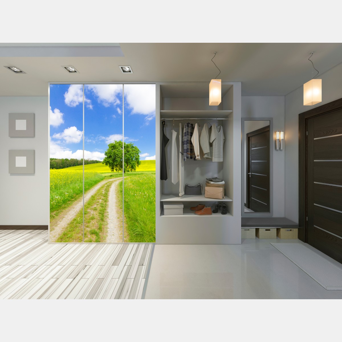 Naklejka na szafę słoneczna wiejska ścieżka z samotnym drzewem – Wallissimo® Naklejka na szafę słoneczna wiejska ścieżka z samotnym drzewem – Wallissimo®