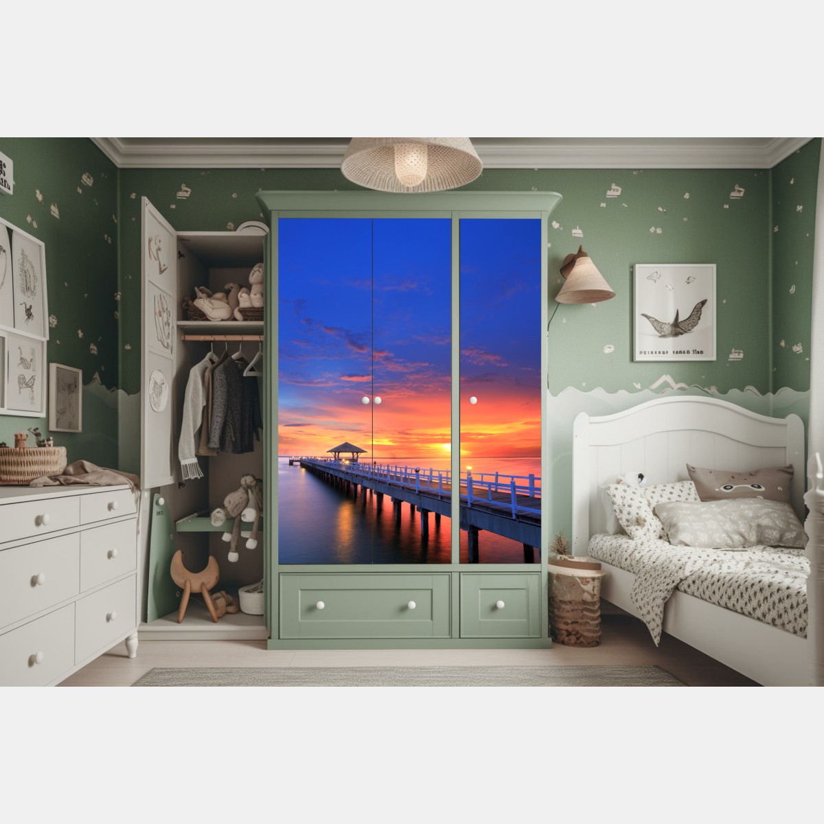 Naklejka na szafę molo o zachodzie słońca nad plażą – Wallissimo® Naklejka na szafę molo o zachodzie słońca nad plażą – Wallissimo®