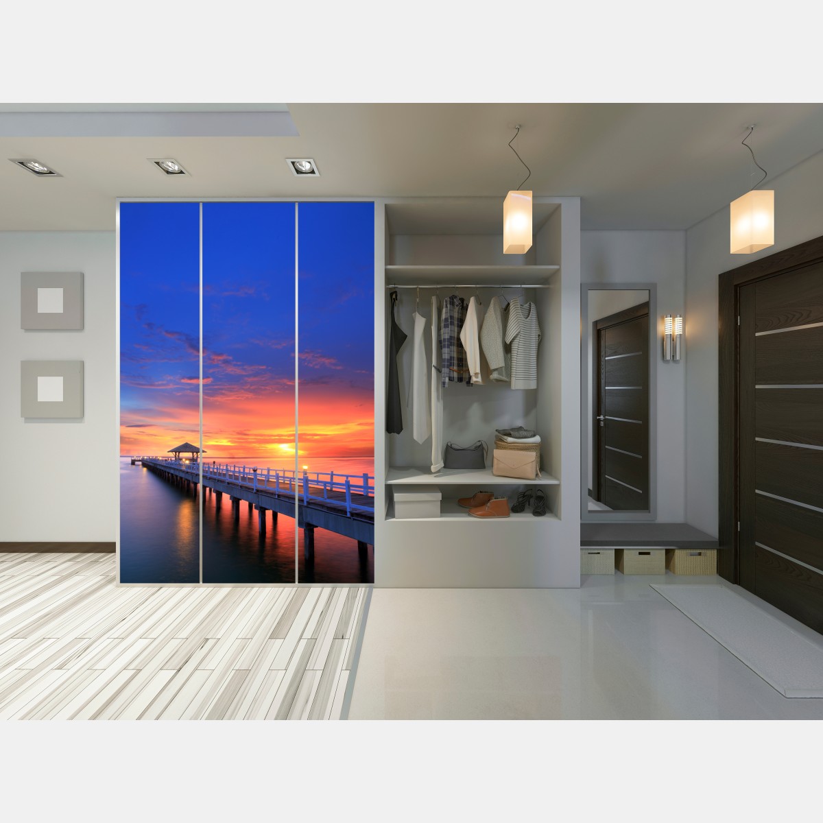 Naklejka na szafę molo o zachodzie słońca nad plażą – Wallissimo® Naklejka na szafę molo o zachodzie słońca nad plażą – Wallissimo®