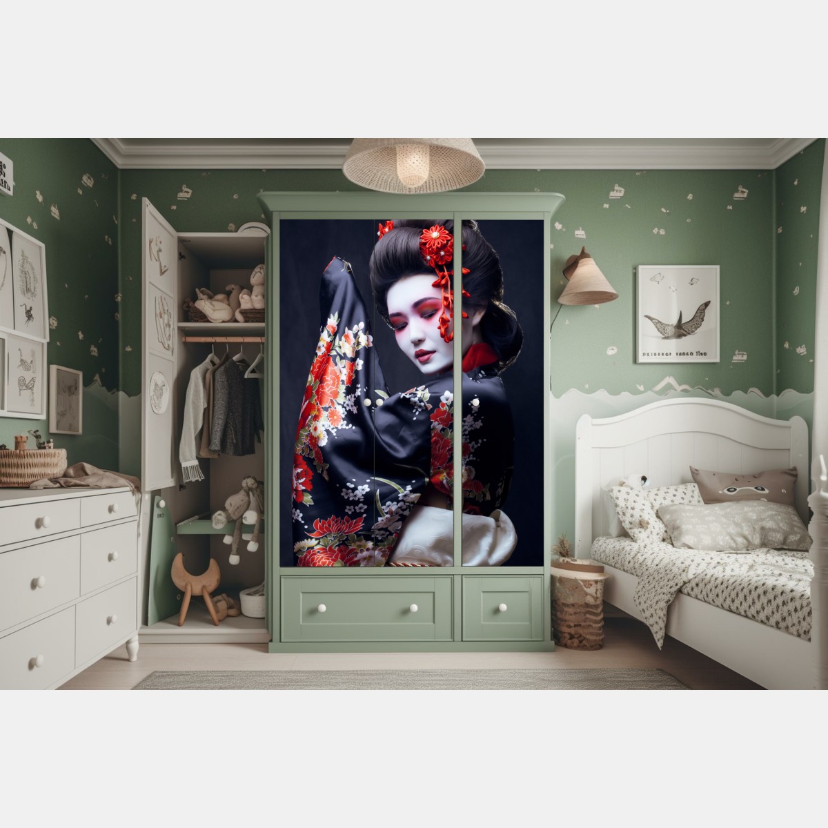 Naklejka na szafę elegancki portret gejszy w czerwonym i czarnym kimonie – Wallissimo® Naklejka na szafę elegancki portret gejszy w czerwonym i czarnym kimonie – Wallissimo®