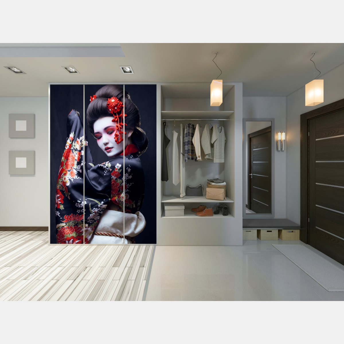 Naklejka na szafę elegancki portret gejszy w czerwonym i czarnym kimonie – Wallissimo® Naklejka na szafę elegancki portret gejszy w czerwonym i czarnym kimonie – Wallissimo®