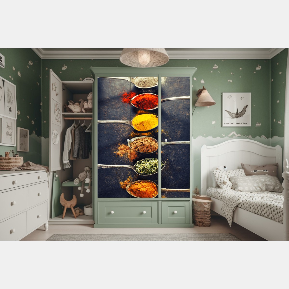 Naklejka na szafę kolorowe łyżki z przyprawami – Wallissimo® Naklejka na szafę kolorowe łyżki z przyprawami – Wallissimo®