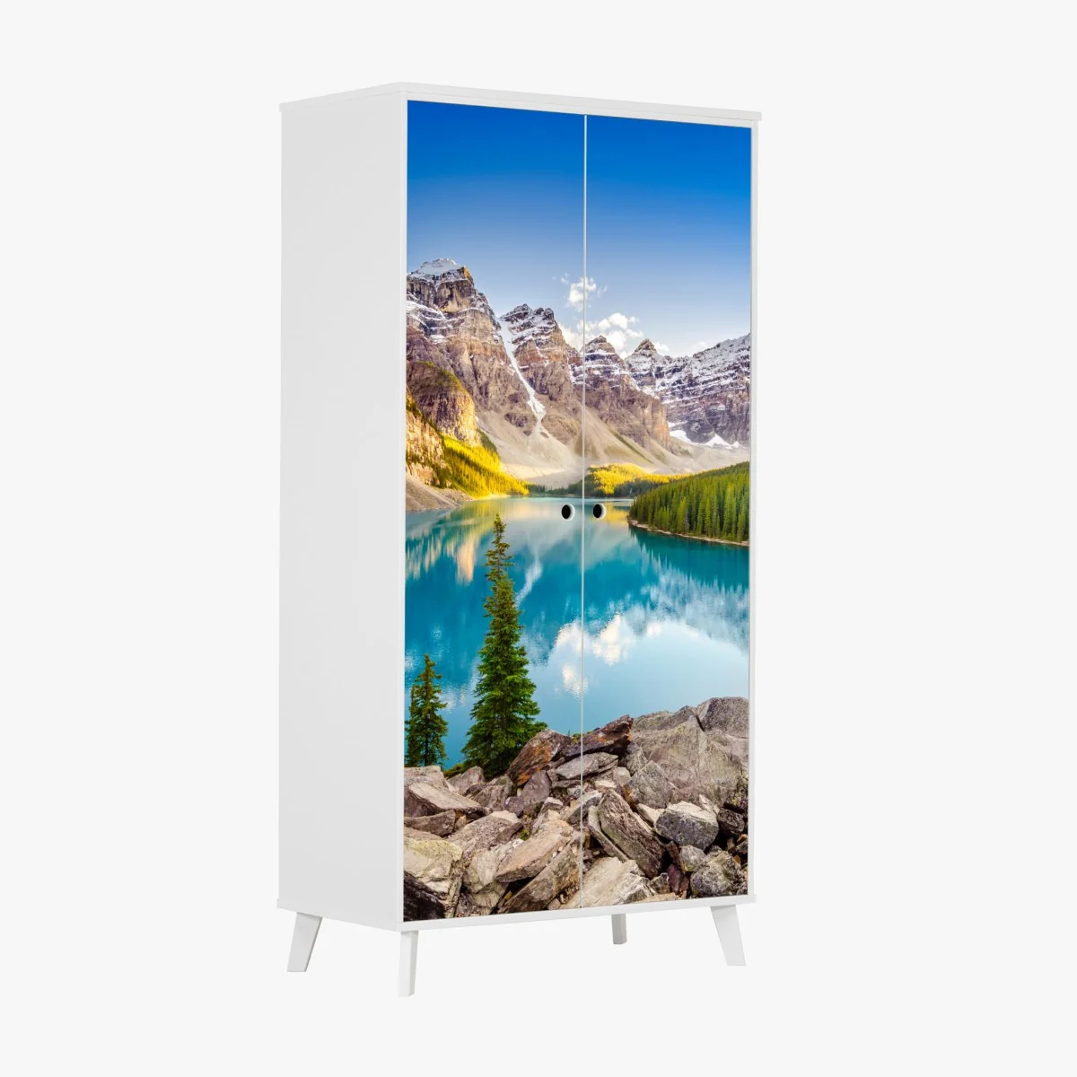 Naklejka na szafę słoneczne jezioro Moraine i górski widok – Wallissimo® Naklejka na szafę słoneczne jezioro Moraine i górski widok – Wallissimo®