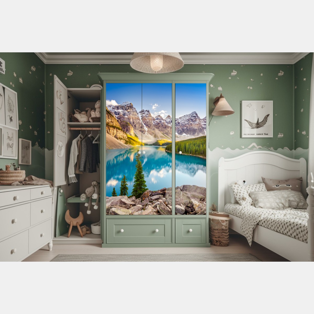 Naklejka na szafę słoneczne jezioro Moraine i górski widok – Wallissimo® Naklejka na szafę słoneczne jezioro Moraine i górski widok – Wallissimo®