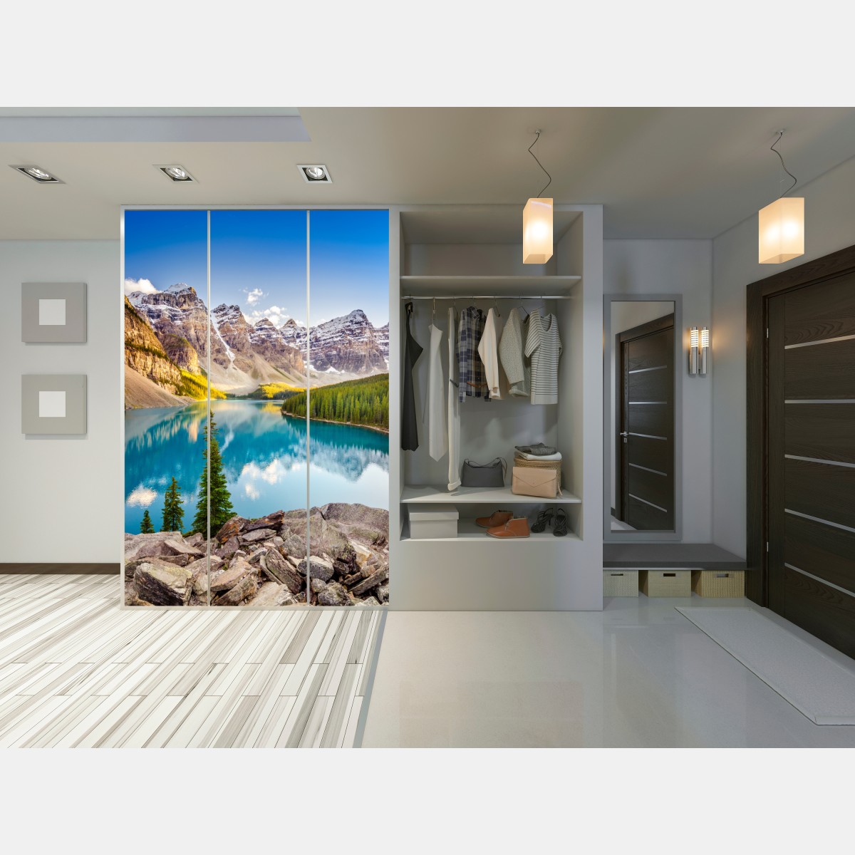 Naklejka na szafę słoneczne jezioro Moraine i górski widok – Wallissimo® Naklejka na szafę słoneczne jezioro Moraine i górski widok – Wallissimo®