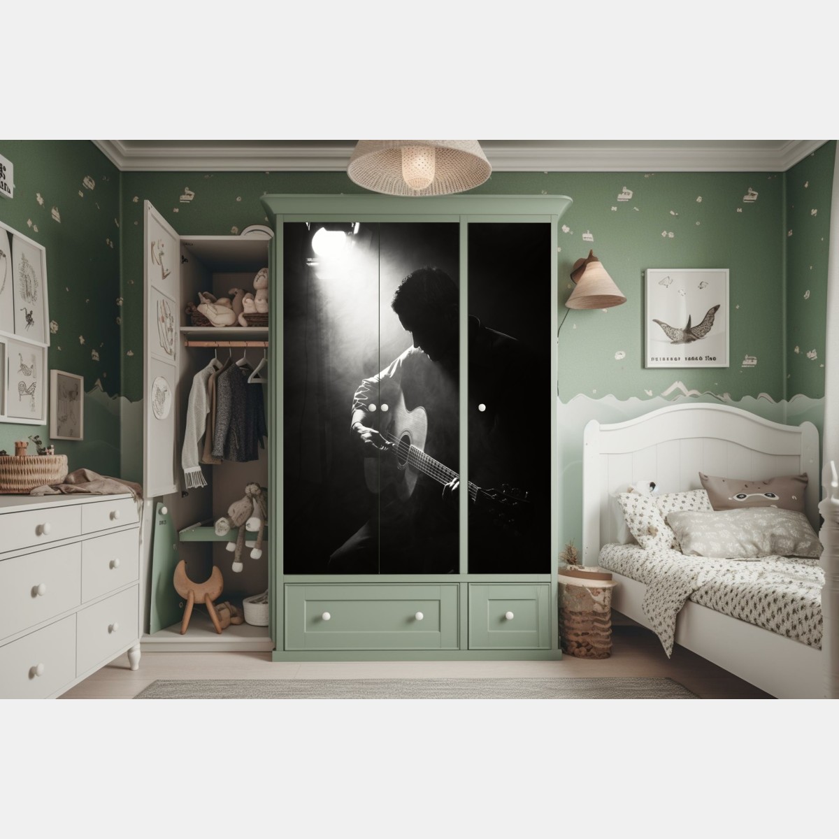 Naklejka na szafę sylwetka gitarzysty w świetle reflektora – Wallissimo® Naklejka na szafę sylwetka gitarzysty w świetle reflektora – Wallissimo®