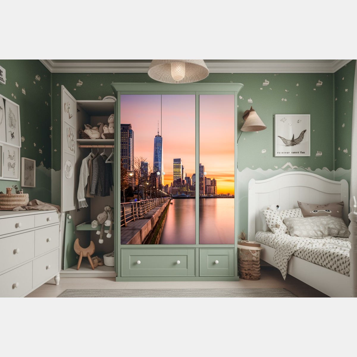 Naklejka na szafę Dolny Manhattan zachód słońca – Wallissimo® Naklejka na szafę Dolny Manhattan zachód słońca – Wallissimo®