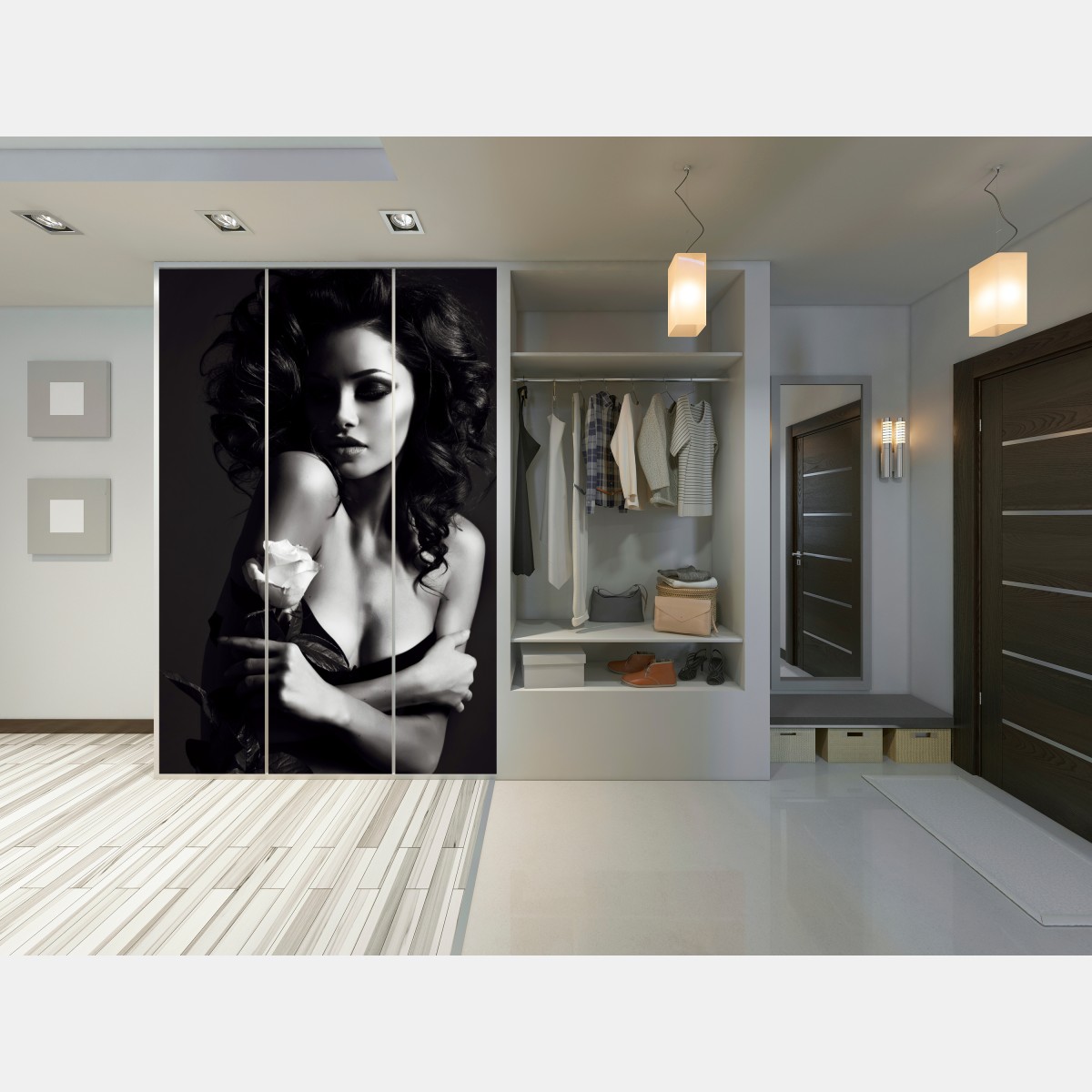 Naklejka na szafę zmysłowy czarno-biały portret z różą – Wallissimo® Naklejka na szafę zmysłowy czarno-biały portret z różą – Wallissimo®