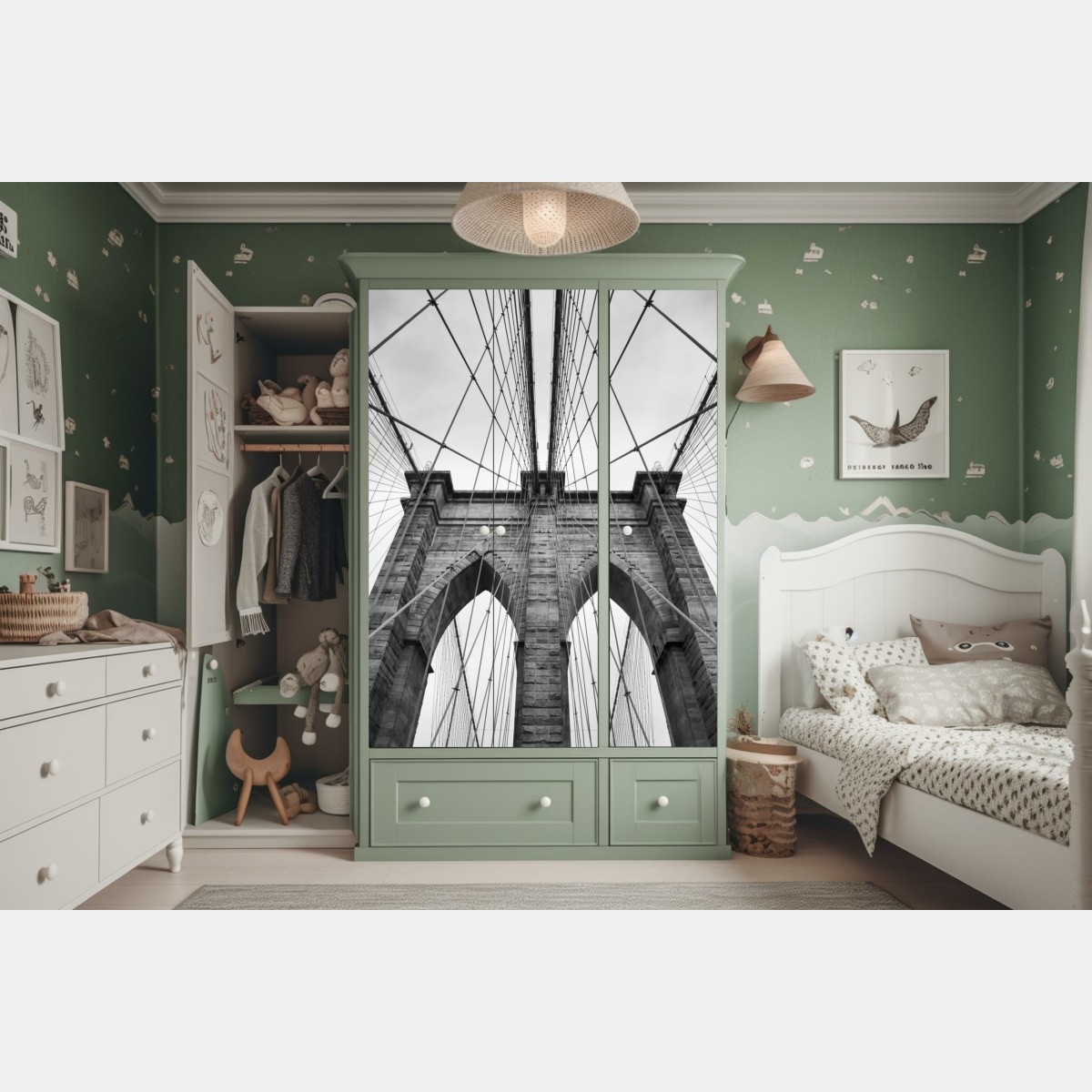 Naklejka na szafę perspektywa Mostu Brooklyńskiego w monochromie – Wallissimo® Naklejka na szafę perspektywa Mostu Brooklyńskiego w monochromie – Wallissimo®