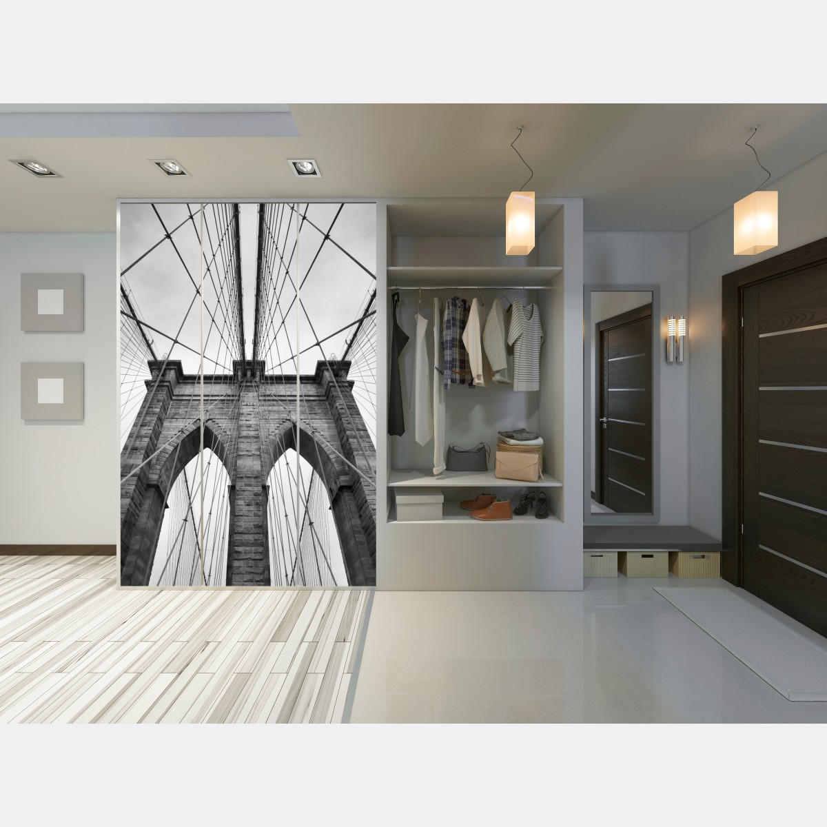 Naklejka na szafę perspektywa Mostu Brooklyńskiego w monochromie – Wallissimo® Naklejka na szafę perspektywa Mostu Brooklyńskiego w monochromie – Wallissimo®