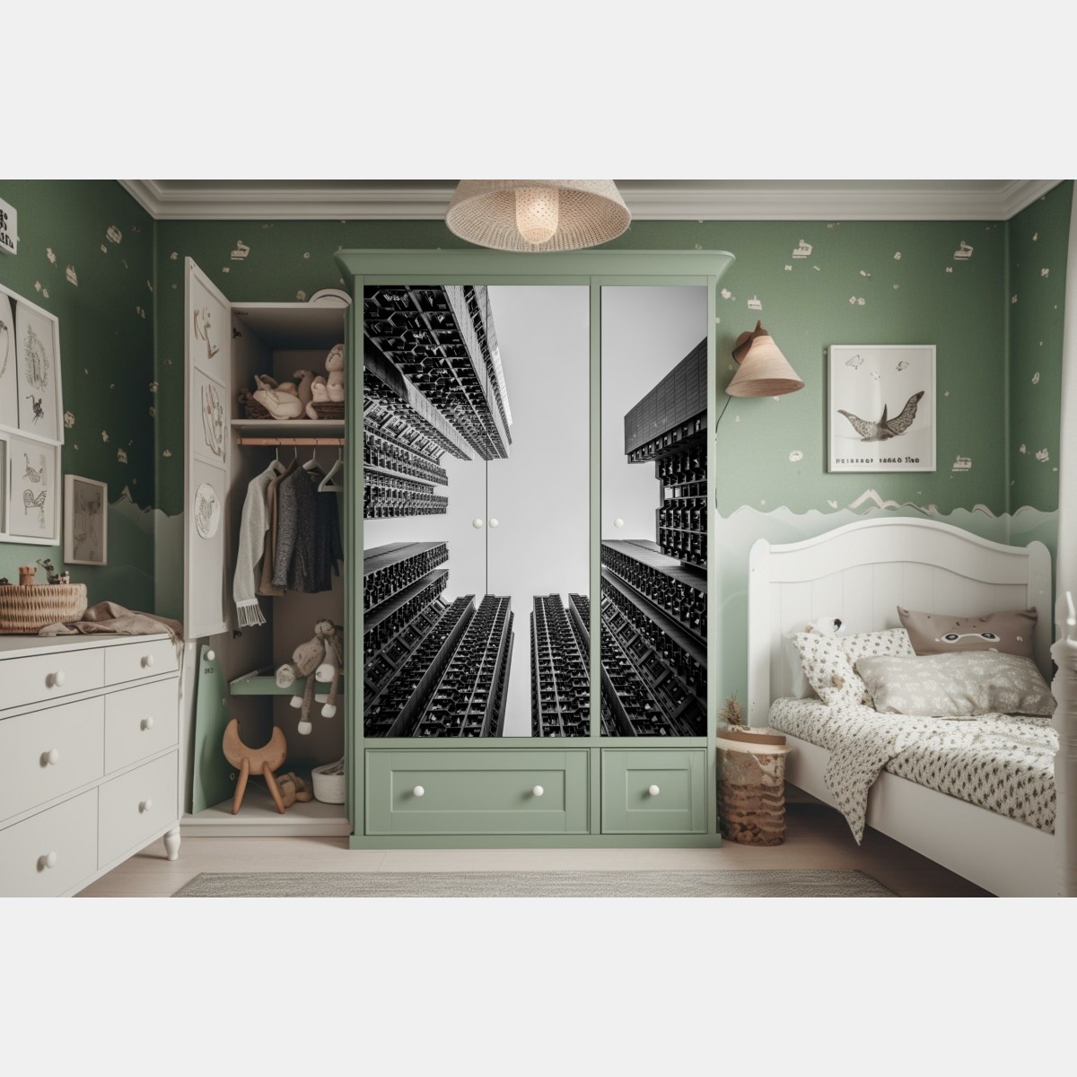 Naklejka na szafę miejska perspektywa wieżowców – Wallissimo® Naklejka na szafę miejska perspektywa wieżowców – Wallissimo®