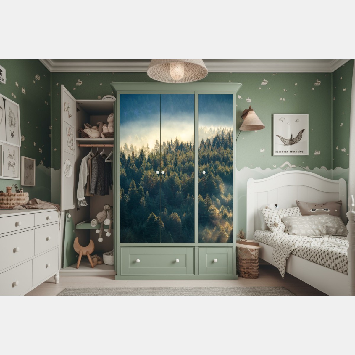 Naklejka na szafę mglisty las sosnowy o świcie – Wallissimo® Naklejka na szafę mglisty las sosnowy o świcie – Wallissimo®