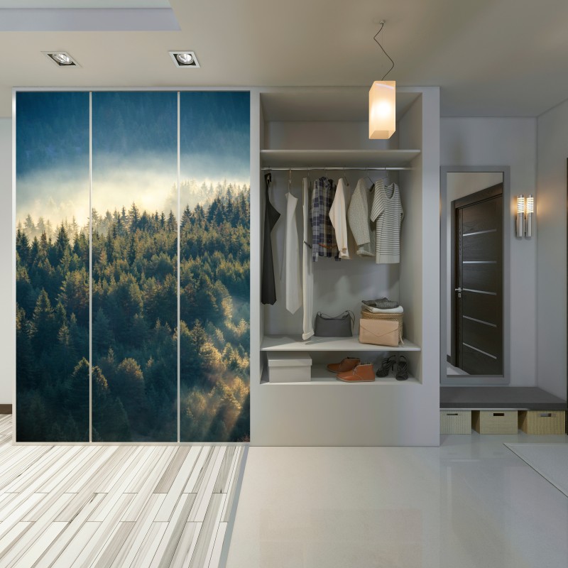 Naklejka na szafę mglisty las sosnowy o świcie – Wallissimo® Naklejka na szafę mglisty las sosnowy o świcie – Wallissimo®