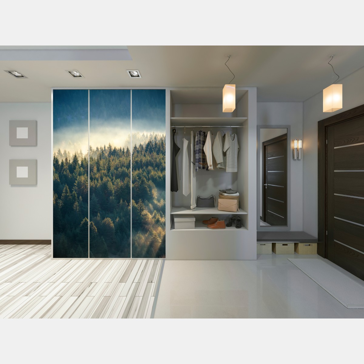 Naklejka na szafę mglisty las sosnowy o świcie – Wallissimo® Naklejka na szafę mglisty las sosnowy o świcie – Wallissimo®