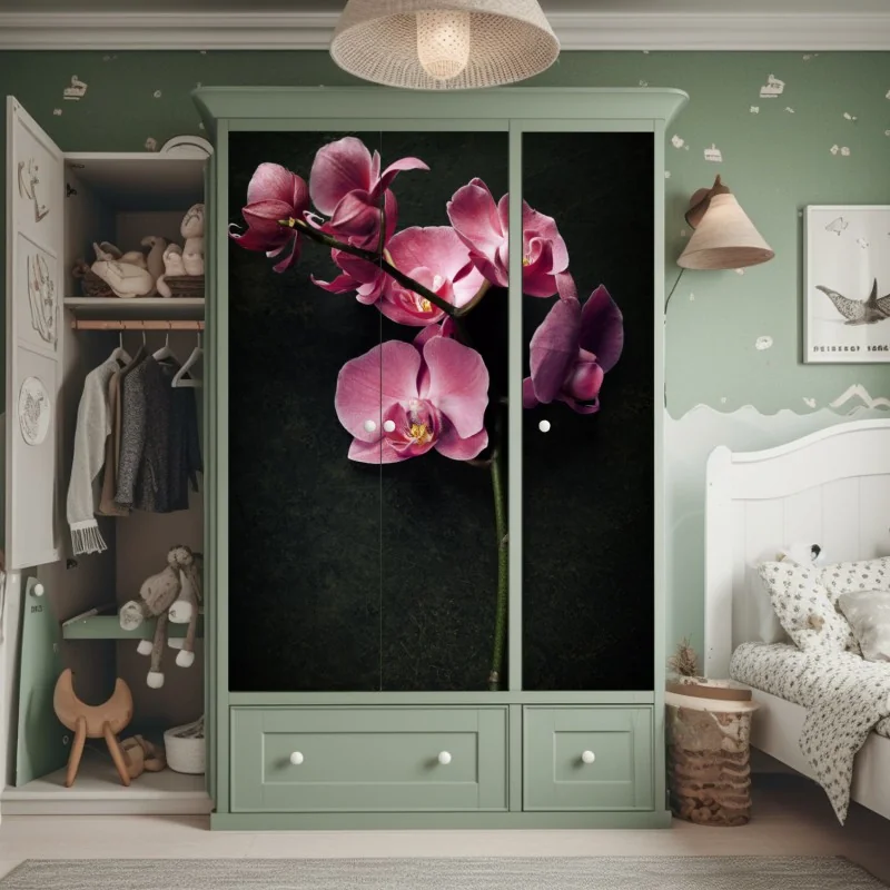 Naklejka na szafę różowy storczyk na ciemnym tle w stylu vintage – Wallissimo® Naklejka na szafę różowy storczyk na ciemnym tle w stylu vintage – Wallissimo®