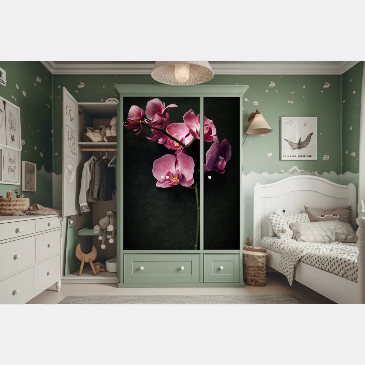 Naklejka na szafę różowy storczyk na ciemnym tle w stylu vintage – Wallissimo® Naklejka na szafę różowy storczyk na ciemnym tle w stylu vintage – Wallissimo®