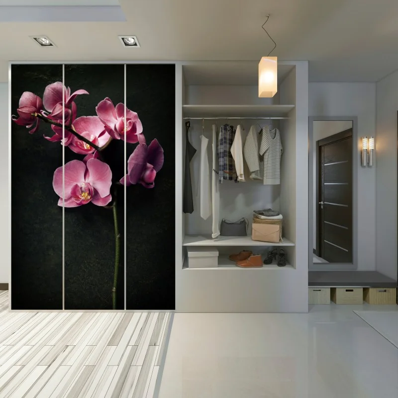 Naklejka na szafę różowy storczyk na ciemnym tle w stylu vintage – Wallissimo® Naklejka na szafę różowy storczyk na ciemnym tle w stylu vintage – Wallissimo®