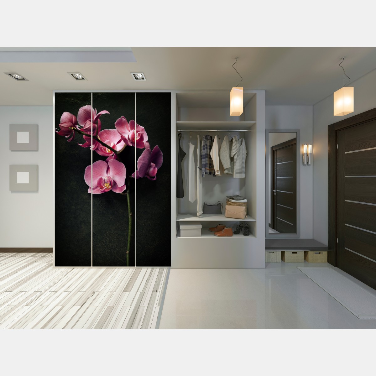 Naklejka na szafę różowy storczyk na ciemnym tle w stylu vintage – Wallissimo® Naklejka na szafę różowy storczyk na ciemnym tle w stylu vintage – Wallissimo®